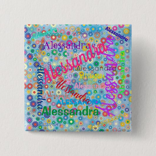 Badge Carré 5 Cm N'importe quel nom Collage avec Fleurs Bouton pers (Devant)