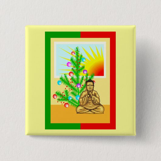 Badge Carré 5 Cm Noël Bouddha w/Tree ! (Devant)
