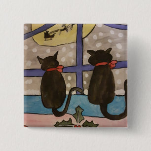 Badge Carré 5 Cm Noël de chat noir