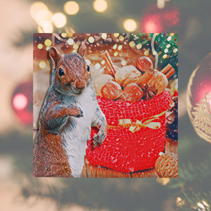 Badge Carré 5 Cm Noël Écureuil Mignon Noix Fêtes