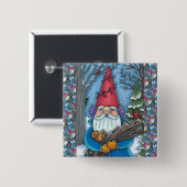 BADGE CARRÉ 5 CM NOËL GNOME, SQUIRREL, WOODPECKER & CARDINAL (Devant & derrière)