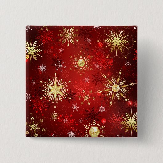 Badge Carré 5 Cm Noël Golden Snowflakes sur Arrière - plan rouge (Devant)