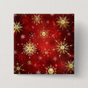 Badge Carré 5 Cm Noël Golden Snowflakes sur Arrière - plan rouge