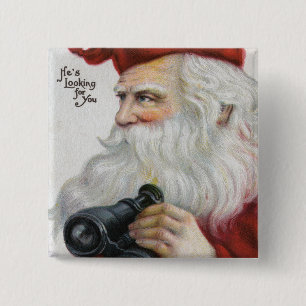 Badge Carré 5 Cm Noël GreetingSanta avec des jumelles