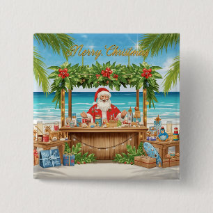 Badge Carré 5 Cm Noël Tropical avec le Père Noël à la Plage