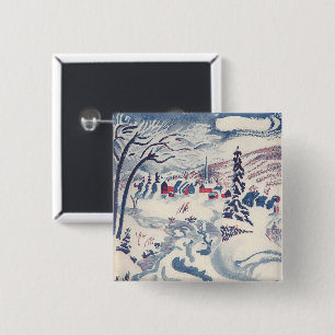 Badge Carré 5 Cm Noël vintage, paysage hivernal de village enneigé