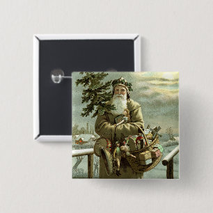 Badge Carré 5 Cm Noël vintage, Père Noël victorien avec des jouets