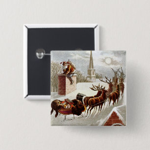 Badge Carré 5 Cm Noël vintage, Saint Nicolas sur le toit