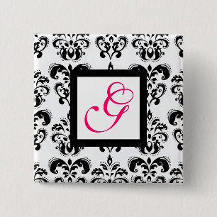BADGE CARRÉ 5 CM NOIR BLANC DAMASK CARRÉ PINK FUCHSIA MONOGRAM