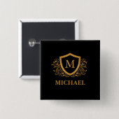Badge Carré 5 Cm Noir et Or Personnalisé Stylo Nom Monogramme (Devant & derrière)