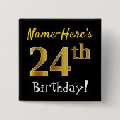 Badge Carré 5 Cm Noir, Faux Gold 24e Anniversaire, Avec Nom Personn (Devant)