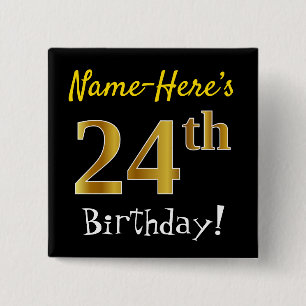 Badge Carré 5 Cm Noir, Faux Gold 24e Anniversaire, Avec Nom Personn
