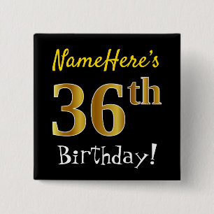 Badge Carré 5 Cm Noir, Faux Gold 36e anniversaire, avec nom personn