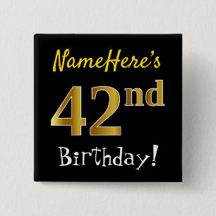 Badge Carré 5 Cm Noir, Faux Gold 42e Anniversaire, Avec Nom Personn