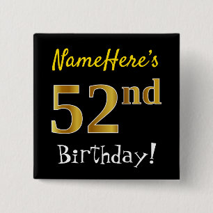 Badge Carré 5 Cm Noir, Faux Gold 52e Anniversaire, Avec Nom Personn
