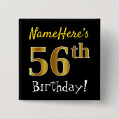 Badge Carré 5 Cm Noir, Faux Gold 56e anniversaire, avec nom personn (Devant)