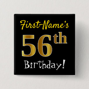 Badge Carré 5 Cm Noir, Faux Gold 56e anniversaire, avec nom personn