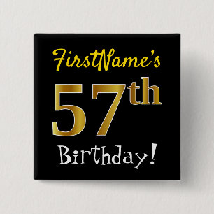Badge Carré 5 Cm Noir, Faux Gold 57ème Anniversaire, Avec Nom Perso