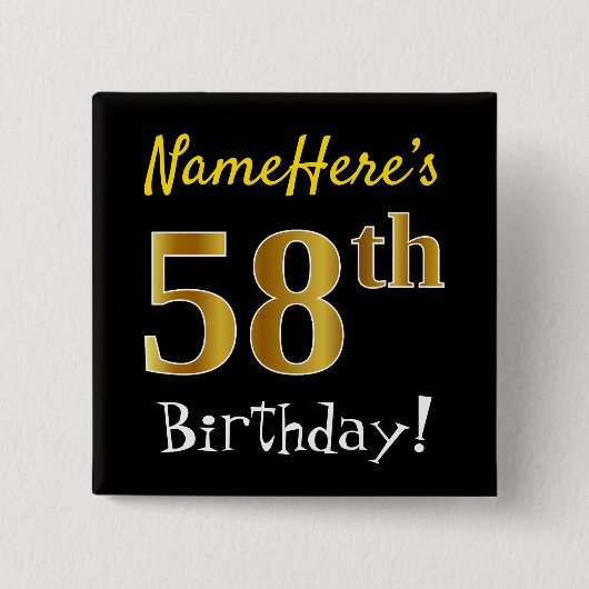 Badge Carré 5 Cm Noir, Faux Gold 58ème Anniversaire, Avec Nom Perso (Devant)