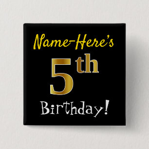 Badge Carré 5 Cm Noir, Faux Gold 5e anniversaire, avec nom personna
