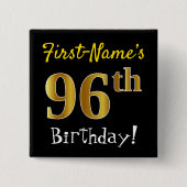 Badge Carré 5 Cm Noir, Faux Gold 96e anniversaire, avec nom personn (Devant)