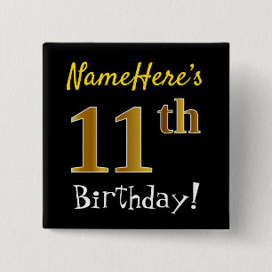 Badge Carré 5 Cm Noir, Faux Or 11ème Anniversaire, Avec Nom Personn
