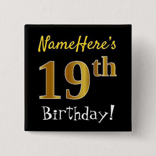 Badge Carré 5 Cm Noir, Faux Or 19ème Anniversaire, Avec Nom Personn (Devant)