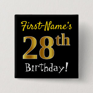 Badge Carré 5 Cm Noir, Faux Or 28ème Anniversaire, Avec Nom Personn