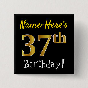 Badge Carré 5 Cm Noir, Faux Or 37e Anniversaire, Avec Nom Personnal