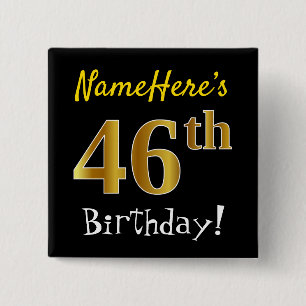 Badge Carré 5 Cm Noir, Faux Or 46ème Anniversaire, Avec Nom Personn