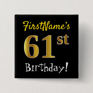 Badge Carré 5 Cm Noir, Faux Or 61ème Anniversaire, Avec Nom Personn