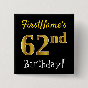 Badge Carré 5 Cm Noir, Faux Or 62e Anniversaire, Avec Nom Personnal