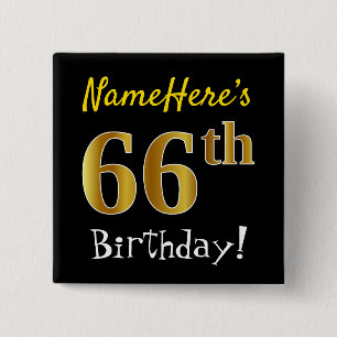 Badge Carré 5 Cm Noir, Faux Or 66e anniversaire, avec nom personnal