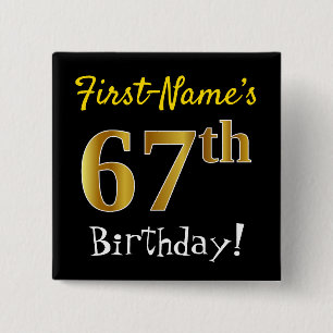 Badge Carré 5 Cm Noir, Faux Or 67ème Anniversaire, Avec Nom Personn
