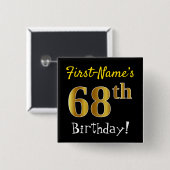 Badge Carré 5 Cm Noir, Faux Or 68ème Anniversaire, Avec Nom Personn (Devant & derrière)