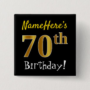 Badge Carré 5 Cm Noir, Faux Or 70e Anniversaire, Avec Nom Personnal