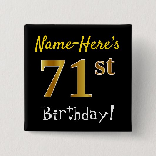 Badge Carré 5 Cm Noir, Faux Or 71ème Anniversaire, Avec Nom Personn (Devant)