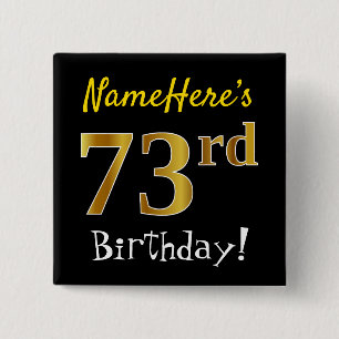 Badge Carré 5 Cm Noir, Faux Or 73e Anniversaire, Avec Nom Personnal