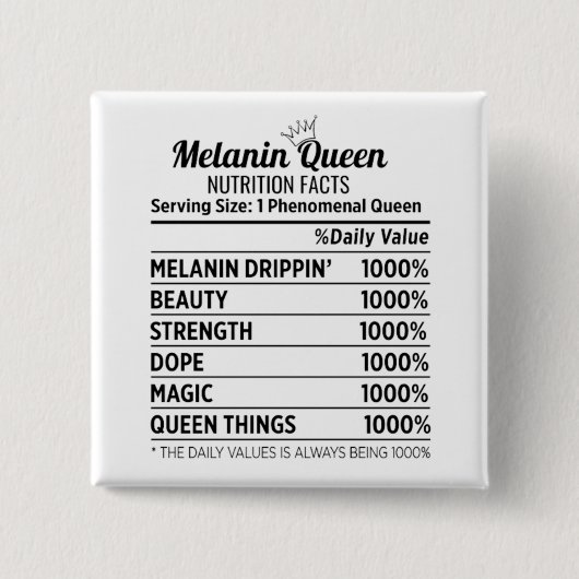 Badge Carré 5 Cm Noir Histoire Melanin Queen Nutrition Facts Button (Devant)
