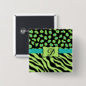 Badge Carré 5 Cm Noir, Lime Vert & Turquoise Zebra & Cheetah Skin (Devant & derrière)