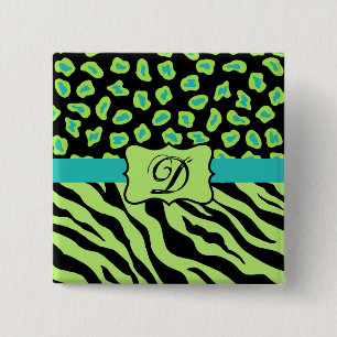 Badge Carré 5 Cm Noir, Lime Vert & Turquoise Zebra & Cheetah Skin