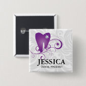 Badge Carré 5 Cm Nom du dentiste Balise Diamant Dent Feuilles pourp (Devant & derrière)
