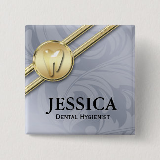 Badge Carré 5 Cm Nom du dentiste Balise Or Tooth Feuille Grey
