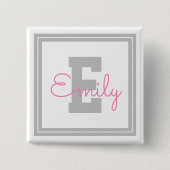 Badge Carré 5 Cm Nom et monogramme encadrés | Gris clair et rose (Devant)