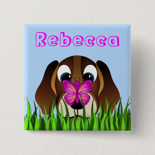 Badge Carré 5 Cm Nom mignon de filles de chiot et de papillon de