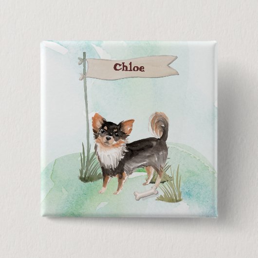 Badge Carré 5 Cm Nom personnalisé Long Haired Chihuahua Chien anima (Devant)