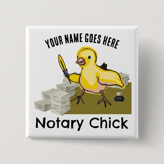Badge Carré 5 Cm Notaire Chick Jaune Plumes Quill Nom Customisé (Devant)