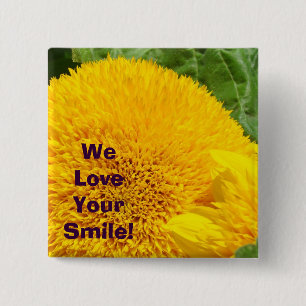 Badge Carré 5 Cm Nous aimons votre sourire! boutons Jaune Tournesol