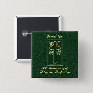 Badge Carré 5 Cm Nun 50e Anniversaire de Profession Religieuse Vert