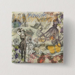 Badge Carré 5 Cm Octopus Beach Antique Côte Steampunk